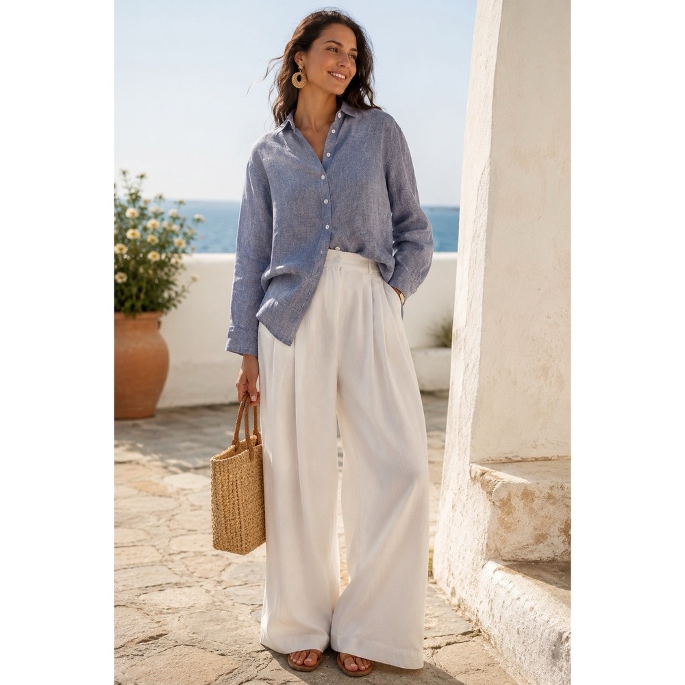 Garnet Hill Shirt Women M Blue Linen Button Up Coastal Minimalist Quiet Luxury